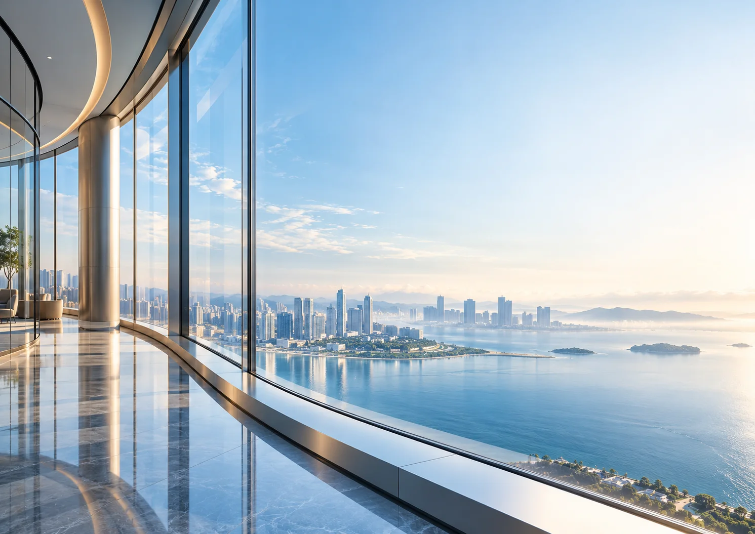 Contemporary glass architecture overlooking the sea