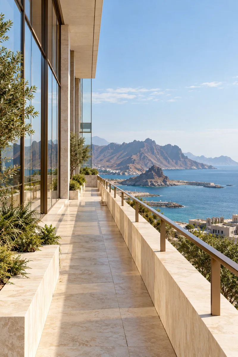 Coastal terrace overlooking the sea and volcanic hills